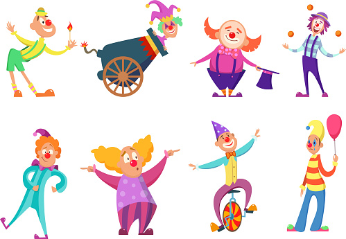 Circus characters. Funny clowns in action poses