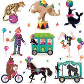 Vector illustrations of circus characters: a leopard balancing on a ball, and elephant doing a trick, a seal balancing a ball on his nose, a clown, a circus wagon, an acrobat, a bear riding a bicycle, a circus horse and a gorilla.