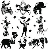 A vector illustration of circus characters: a fireman clown, a horse jumping through a ring of fire, an elephant doing a headstand, a dog balancing on a ball, a ring master, a tiger, a baby elephant holding balloons, a seal balancing a ball and a horse taking a bow.