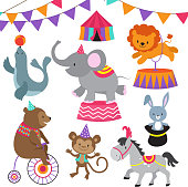 Circus child show cartoon animals vector set. Circus carnival with animals lion bear, elephant and monkey illustration