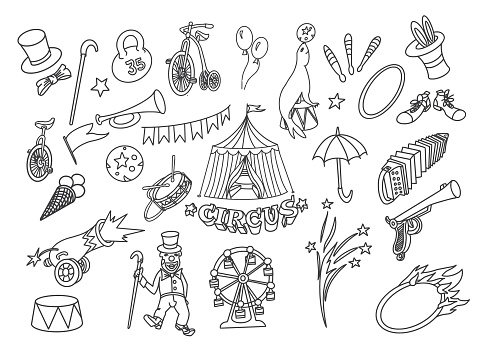 Circus Doodle Set. Vector illustration.