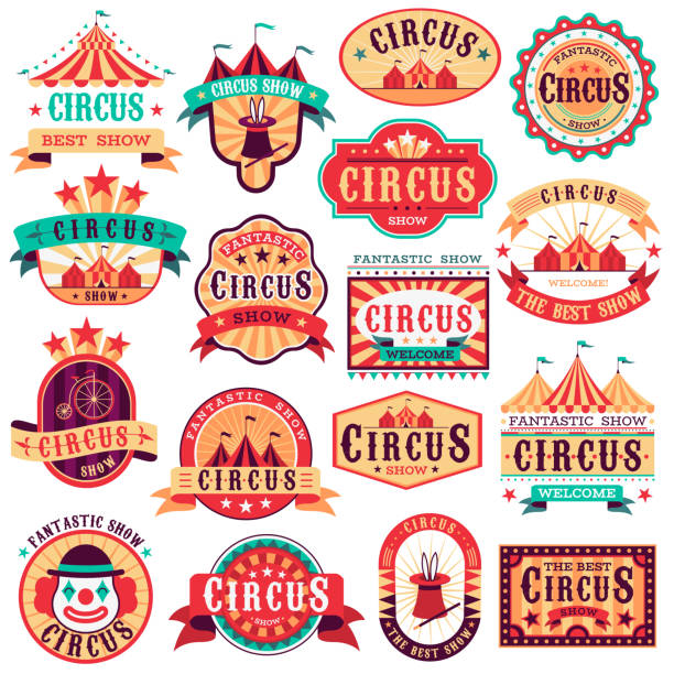 ilustraciones, imágenes clip art, dibujos animados e iconos de stock de emblemas de circo. festival de carnaval, divertido espectáculo de circo retro papel cartel invitación pancartas evento marcos pegatinas flecha. conjunto de vectores - circus