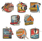 Circus and funfair carnival, vector vintage retro icons and emblems. Shapito big top circus show of strongman and magician, equilibrists, trained bear on bicycle and high-wire tightrope walking