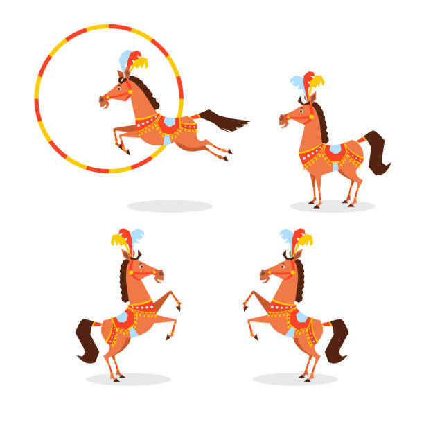 circus horse in a beautiful suit, jewelery, feathers jumps through the hoop, stands on its hind legs. different poses circus horse in a beautiful suit, jewelery, feathers jumps through the hoop, stands on its hind legs. different poses carousel horse stock illustrations