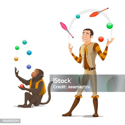 istock Circus juggler and monkey juggling balls 1140010241