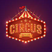 Circus light sign. Vintage circus banner with bright bulbs, tent, highlights, gold stars, ribbon and garlands. Fun fair vector poster. Bright retro frame with text. Eps 10.