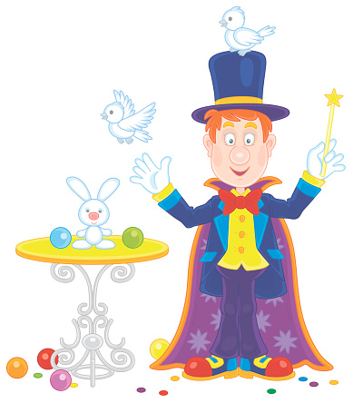 Circus magician with a magic wand and hat