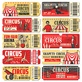 Circus ticket vector templates of chapiteau carnival show. Vintage invite cards and pass coupon with big top circus tent, clowns, acrobats and trained animals, monkey juggler, rocket man and elephant