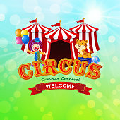Summer carnival animal circus with tiger show and clown.