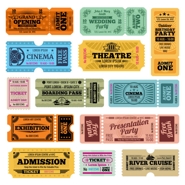Circus, party and cinema vector vintage admission tickets templates Circus, party and cinema vector vintage admission tickets templates. Collection of retro ticket to cinema, theater and river cruise illustration performance symbols stock illustrations