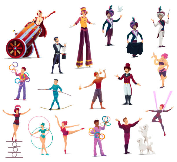 Circus performers, cartoon vector top tent artists Circus cartoon characters vector performers, top tent artists clown, acrobat and man cannon ball. Trained dogs, juggler, magician or trapeze girl, woman with snake, balancer and tamer with gymnast set circus stock illustrations