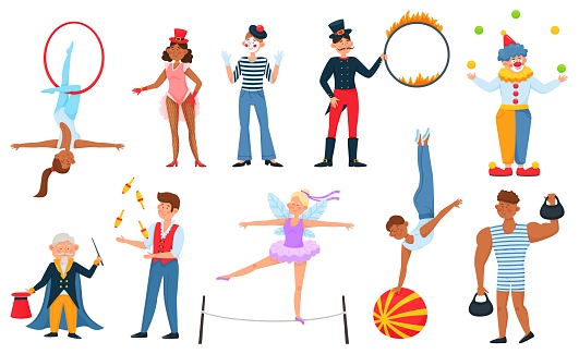 Circus performers, magician, clown, juggler, acrobat, strongman. Aerial acrobats, animal trainer with fire ring, carnival performer vector set
