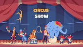 Circus show. Cartoon poster with clown and acrobat. Funny juggler and magician performing tricks. Trainer with elephant standing on ball and tiger jumping over ring. Vector carnival actors on stage