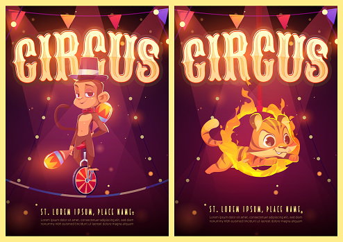 Circus show cartoon posters with animals artists