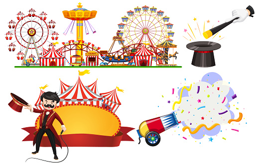 Circus sign and themepark scene on white background