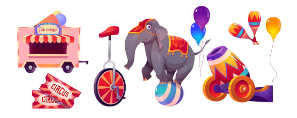 bildbanksillustrationer, clip art samt tecknat material och ikoner med cirkus grejer och elefant på boll, stor topp tält - trolleri djur