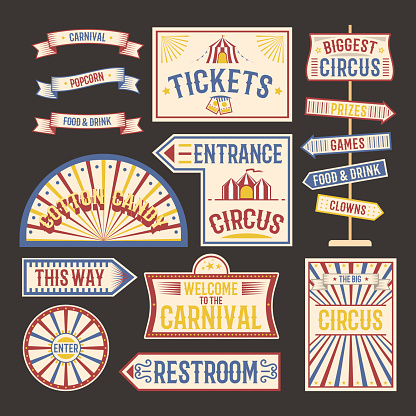 Circus label carnival show. Elements for design on the party theme. Collection of symbols modern emblems and logos fun tag graphic vector illustration