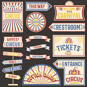 Set of circus labels carnival show. Elements for design on the party theme. Collection of symbols modern emblems and logos fun tag graphic vector illustration