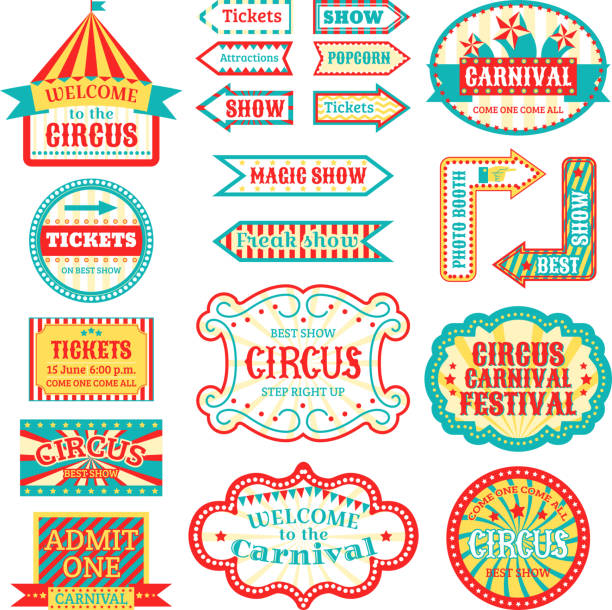 Circus vintage signboard labels banner vector illustration isolated on white entertaining banner sign Circus vintage signboard labels banner vector illustration isolated on white entertaining banner sign . Collection of symbols modern emblems and logos fun tag graphic circus vector illustration circus stock illustrations
