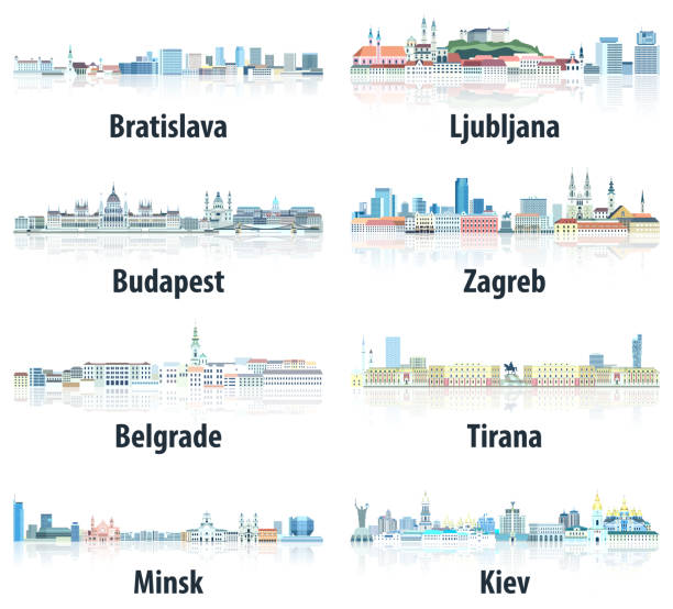 Cities of East Europe skylines in tints of blue color palette. Сrystal aesthetics style Cities of East Europe skylines in tints of blue color palette. Сrystal aesthetics style belarus stock illustrations