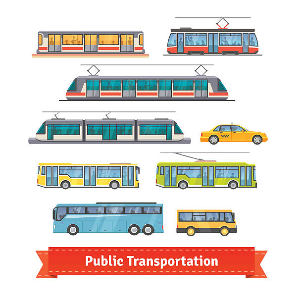City and intercity transportation vehicles set City and intercity transportation vehicles icon set. Trains, subway, buses and taxi. Flat style illustration or icon. EPS 10 vector. cable car stock illustrations