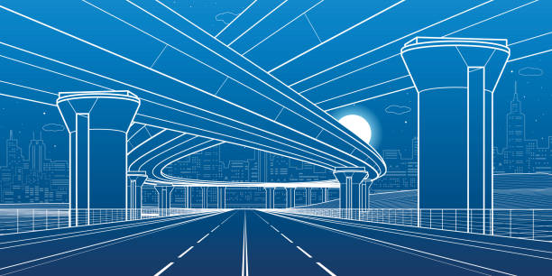 City architecture and infrastructure illustration, automotive overpass, big bridges, urban scene. Night town. White lines on blue background. Vector design art City architecture and infrastructure illustration, automotive overpass, big bridges, urban scene. Night town. White lines on blue background. Vector design art road designs stock illustrations