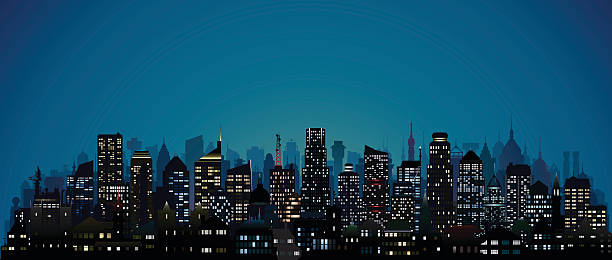 город ночью (123 очень подробно зданий) - городской ландшафт большой город stock illustrations