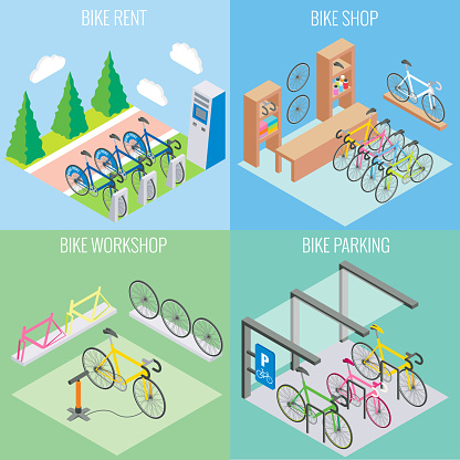 City bike concept vector in isometric style. Illustration in flat 3d design. Bicycle parking, repair shop and bike for rent