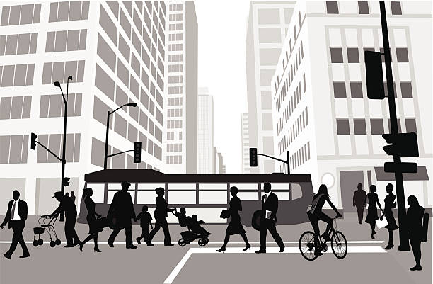 City Block Pedestrians A vector silhouette illustration of a busy downtown intersection.  People cross a crowded cross walk while a bus drives past. traffic silhouettes stock illustrations