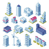 City buildings 3d isometric projection for map. Gray houses, manufactured area, storage, garage, shop factory market building streets and skyscraper building architecture isolated vector illustration
