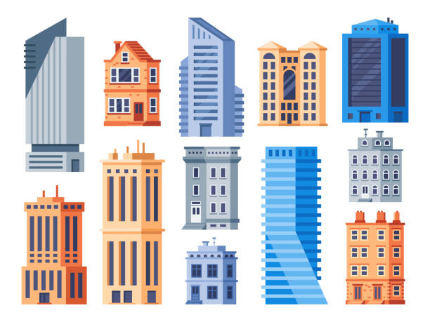 City buildings. Urban office exterior, living house building and apartment house isolated vector icons set City buildings. Urban office exterior, living house building and apartment house. Municipal office, theater and cottage. Smart city buildings, future cityscape flat isolated vector icons set modern building stock illustrations