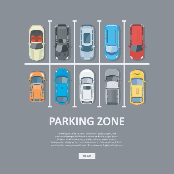 City car parking vector illustration in flat style City car parking vector illustration. Full parking area and a shortage of available places. Car Park top view in flat style. parking stock illustrations