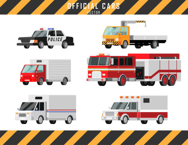 City cars vector icons set. Ambulance, police, fire truck, mail truck, tow truck, crane, truck Official cars vector icons set. Ambulance, police, fire truck, mail truck, tow truck, crane, truck lorry illustration Cartoon style tow truck police stock illustrations