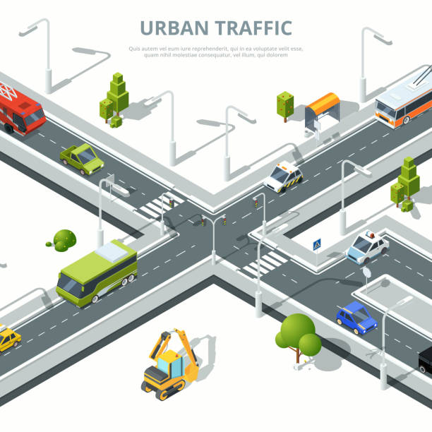 City crossroad. Illustrations of urban traffic with different cars. Vector isometric pictures City crossroad. Illustrations of urban traffic with different cars. Vector isometric pictures. Traffic street crossroad with car and other transport traffic designs stock illustrations