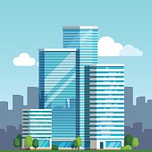 Scenic view of a city downtown landscape with high glass skyscrapers piercing blue sky clouds. Modern flat style vector illustration.