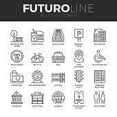 Modern thin line icons set of various city elements, street transportation sign. Premium quality outline symbol collection. Simple mono linear pictogram pack. Stroke vector symbol concept for web graphics.