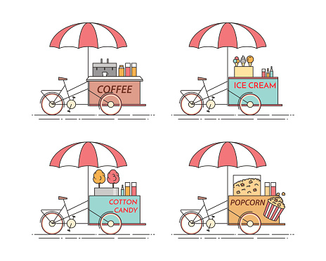 City elements of coffee, popcorn, ice cream, cotton candy bicycles. Cart on wheels. Food and drink kiosk .