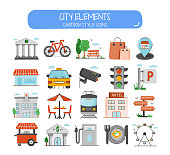 City Elements Related Objects and Elements. Hand Drawn Cartoon Style Vector Illustration Collection. Hand Drawn Icons Set.