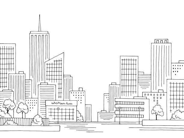 都市グラフィック黒白の街並みスカイラインスケッチイラストベクトル - 都市点のイラスト素材／クリップアート素材／マンガ素材／アイコン素材