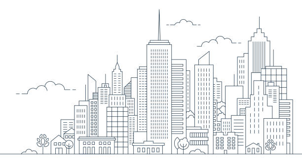 도시 그래픽, 블랙 화이트, 도시, 스카이라인, 스케치, 일러스트, 벡터 - 도시 경관 stock illustrations