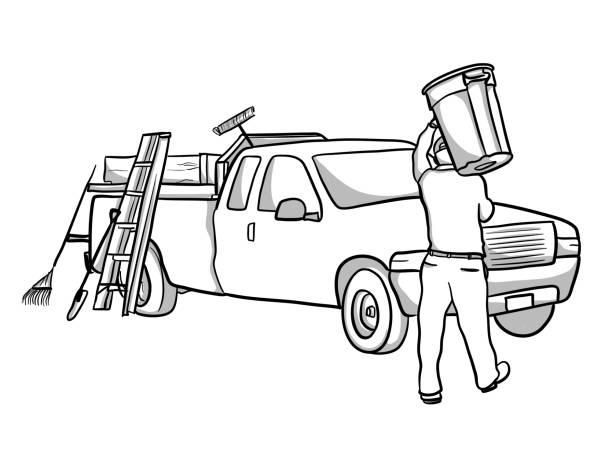 City Grounds Upkeep Landscape worker with truck, illustration gardening clipart stock illustrations