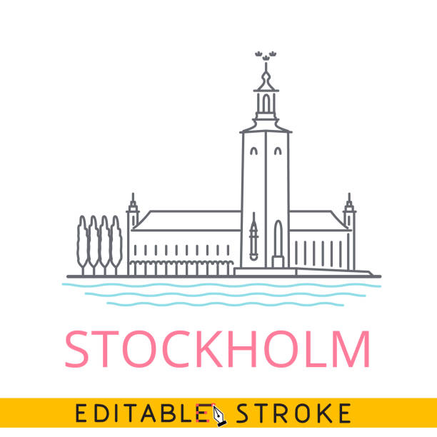 bildbanksillustrationer, clip art samt tecknat material och ikoner med stadshuset i stockholm, sverige. lätt redigerbar stroke tunn linje ikon. - stockholm