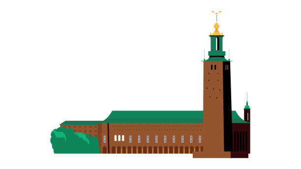 bildbanksillustrationer, clip art samt tecknat material och ikoner med stadshuset eller stadshuset i stockholm. vektor illustration av en berömd byggnad, en stad landmärke. - stockholm