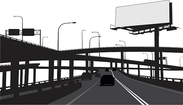 City Highway Billboard A vector silhouette illustration of a complex roadway through a city including overpasses, underpasses, vehicles, and a large billboard. maze silhouettes stock illustrations