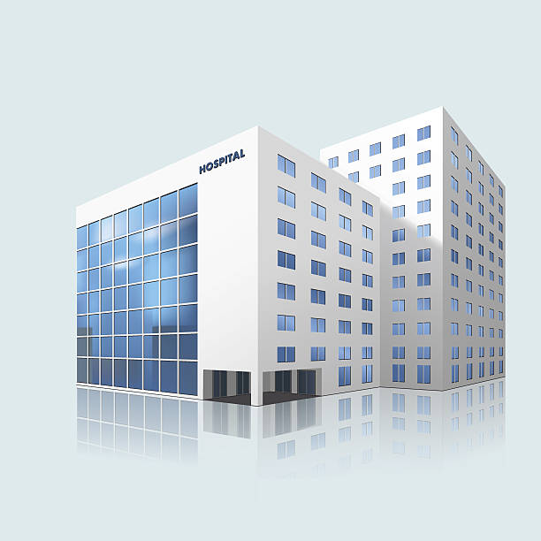 city hospital building with reflection city hospital building with reflection on a blue background hospital building stock illustrations