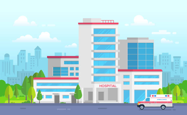 City hospital with ambulance - modern vector illustration City hospital with ambulance - modern vector illustration. Medical center on urban background, nice park with trees. Blue sky with clouds. Clinic with first aid. Concept of healthcare and emergency hospital building stock illustrations