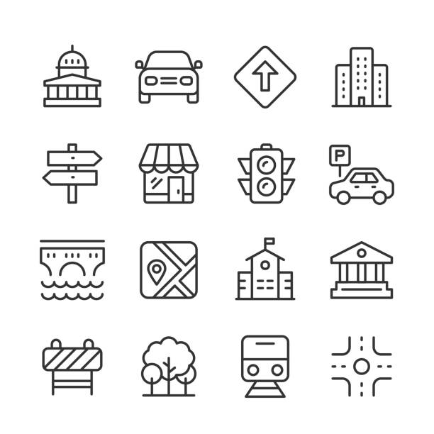 city icons — monoline-serie - parkfläche stock-grafiken, -clipart, -cartoons und -symbole