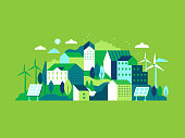 Vector illustration in simple minimal geometric flat style - city landscape with buildings, hills and trees with solar panels and wind turbines  - eco and green energy concept - abstract background for header images for websites, banners, covers