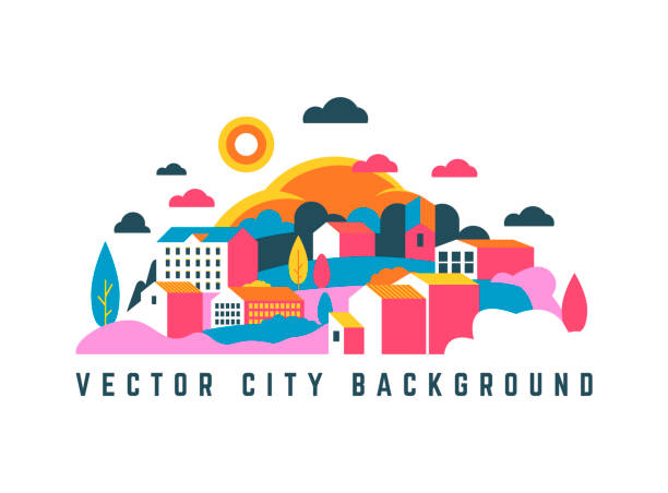 City landscape with buildings, hills and trees. Vector illustration in minimal geometric flat style. Abstract background of landscape in half-round composition for banners, covers. highland park stock illustrations