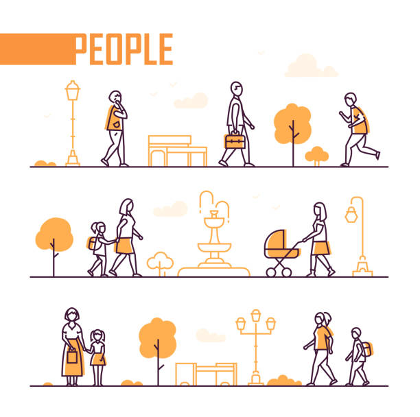 City life - set of line design style elements City life - set of line design style elements isolated on white background. A composition with trees, benches, fountain, lanterns and citizens running, walking with children, talking on the phone family outdoors stock illustrations
